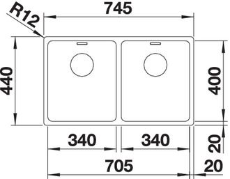 Plan Evier en inox Blanco 340/340-if 522981 couleur inox 745x440 avec 2 cuves