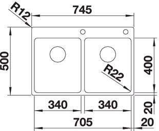 Plan Evier en inox Blanco Andano 525248 couleur inox 745x500 avec 2 cuves vidage manuel