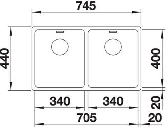 Plan Evier en inox Blanco 340/340-u 520825 couleur inox 745x440 avec 2 cuves vidage manuel