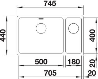 Plan Evier en inox Blanco 500/180-u 520826 couleur inox 745x440 avec 1 cuve