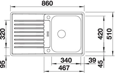 Plan Evier en inox Blanco Classic 523661 couleur inox 860x510 avec 1 cuve vidage manuel