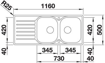 Plan Evier en inox Blanco Lantos 519713 couleur inox 1160x500 avec 2 cuves vidage manuel