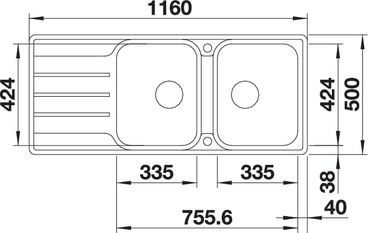 Plan Evier en inox Blanco Lemis 523037 couleur inox 1160x500 avec 2 cuves vidage manuel