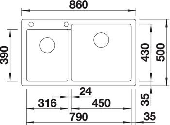 Plan Evier en silgranit® puradur® Blanco Pleon 523057 couleur anthracite 860x500 avec 2 cuves vidage automatique