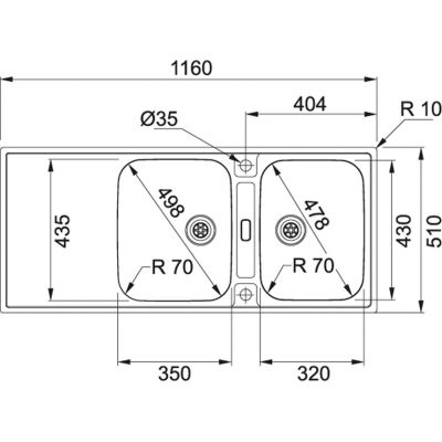 Plan Evier en inox Franke MARIS 013134 couleur inox 1160x510 avec 2 cuves vidage manuel