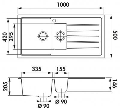 Plan Evier en inox Luisina Samba EV411VM 118 finition luisigranit couleur nera 1000x500 avec 1.5 cuves vidage automatique égouttoir réversible