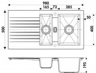 Plan Evier en synthese Luisina Solaire EV297VEAP 006 finition naturalite couleur blanc 980x500 avec 1.5 cuves vidage automatique égouttoir réversible