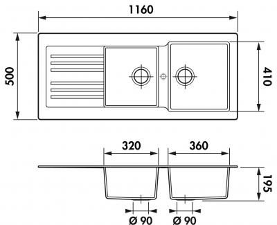 Plan Evier en synthese Luisina Farandole EV589VE 006 finition naturalite couleur blanc 1160x500 avec 2 cuves vidage automatique égouttoir réversible