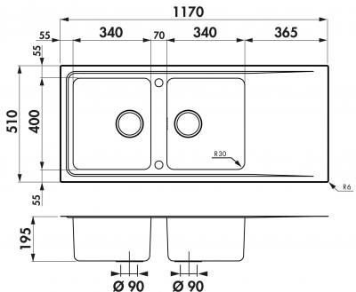 Plan Evier en inox Luisina Fagotto EV5821 IL finition luisinox couleur inox lisse 1170x510 avec 2 cuves vidage manuel égouttoir réversible