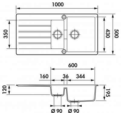 Plan Evier en inox Luisina Scala EV22411LC 118 finition luisigranit couleur nera 1000x500 avec 1.5 cuves vidage manuel égouttoir réversible