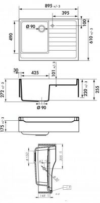 Plan Evier en granit Luisina Esprit Chambord EV359 006 finition luisigranit couleur blanc 895x610 avec 1 cuve vidage automatique