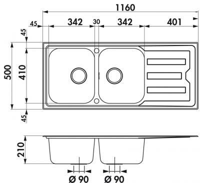 Plan Evier en inox Luisina Nuance EV5721 IL couleur inox lisse 1160x500 avec 2 cuves vidage manuel égouttoir réversible