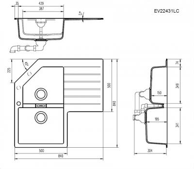 Plan Evier en inox Luisina Eviers D'angle EV22431LC 231 finition luisigranit couleur beton 840x840 avec 2 cuves vidage manuel