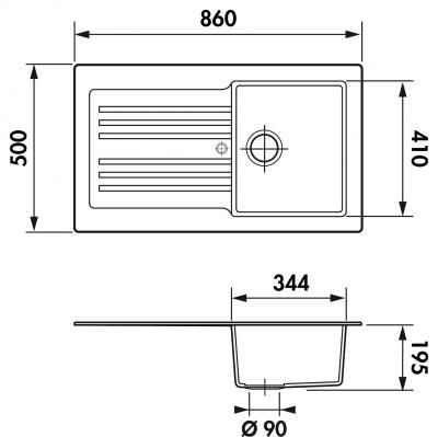 Plan Evier en synthese Luisina Farandole EV585VE 006 finition naturalite couleur blanc 860x500 avec 1 cuve vidage automatique égouttoir réversible