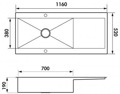 Plan Evier en inox Luisina Adagio Plus EV56021E IL finition luisinox couleur inox lisse 1160x520 avec 1 cuve vidage manuel égouttoir réversible