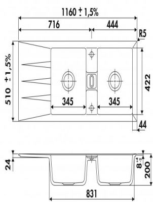 Plan Evier en inox Luisina Prestige EV5092 006 finition luisiceram couleur polar 1160x510 avec 2 cuves vidage manuel égouttoir réversible