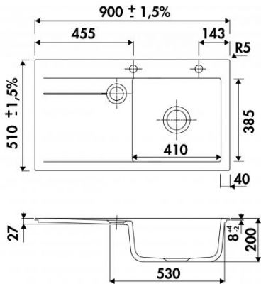 Plan Evier en inox Luisina Élégance EV5052D 218 finition luisiceram couleur nigra 800x510 avec 1 cuve vidage manuel