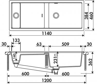 Plan Evier en granit Luisina Lounge EV4311 236 finition luisidiam couleur puro 1200x460 avec 1.5 cuves vidage automatique égouttoir réversible