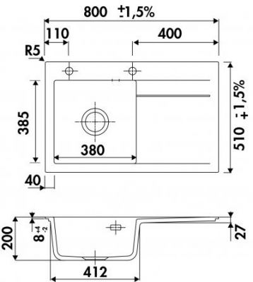 Plan Evier en inox Luisina Élégance EV5054G 218 finition luisiceram couleur nigra 800x510 avec 1 cuve vidage manuel