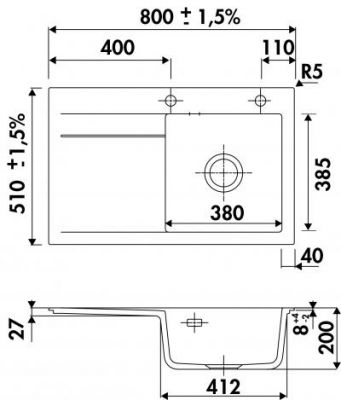 Plan Evier en inox Luisina Élégance EV5054D 218 finition luisiceram couleur nigra 800x510 avec 1 cuve vidage manuel