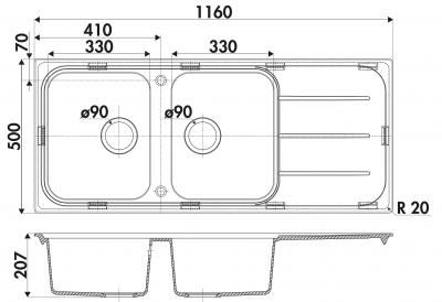 Plan Evier en inox Luisina Fugue EV3921 022 finition luisigranit couleur croma 1160x500 avec 2 cuves vidage manuel égouttoir réversible