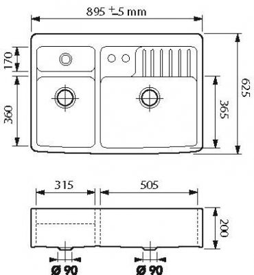 Plan Evier en céramique Luisina Esprit Chambord EV5027 006 finition luisiceram couleur polar 895x625 avec 2.5 cuves vidage manuel