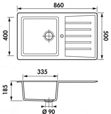 Plan Evier en synthese Luisina Polka EV275VE 006 finition naturalite couleur blanc 860x500 avec 1 cuve vidage automatique égouttoir réversible