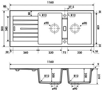 Plan Evier en granit Luisina Hip Hop EV8721 022 finition luisigranit couleur croma 1160x500 avec 2 cuves vidage automatique égouttoir réversible