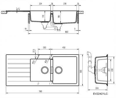 Plan Evier en granit Luisina Scala EV22421LC 118 finition luisigranit couleur nera 1160x500 avec 2 cuves vidage manuel égouttoir réversible