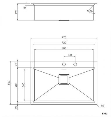 Plan  Evier Luisina Glamour Inox Luisinox Inox lisse Inox lisse 500x770 EV62IL2