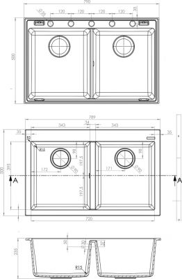 Plan  Evier Luisina Quadrille Granit Luisigranit Gris Métal Gris 500x790 EV983 022E