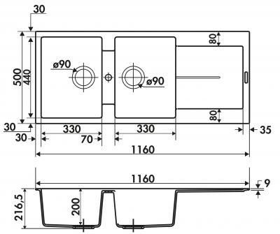 Plan Evier en granit Luisina Tam Tam EV8521 630 finition luisigranit couleur champagne 1160x500 avec 2 cuves vidage manuel égouttoir réversible