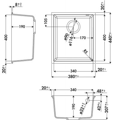 Plan  Evier Luisina Quadrille Granit Luisigranit Gris Métal Gris 440x380 EVSP984 022E