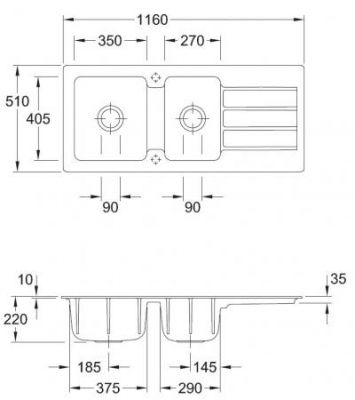 Plan Evier en céramique Luisina Architectura EV3380 12 01 finition luisiceram couleur blanc 1160x510 avec 2 cuves vidage manuel égouttoir réversible