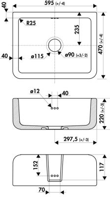 Plan  Evier Luisina Henri-i Céramique Luisiceram Blanc brillant Blanc 470x595 E2600 006