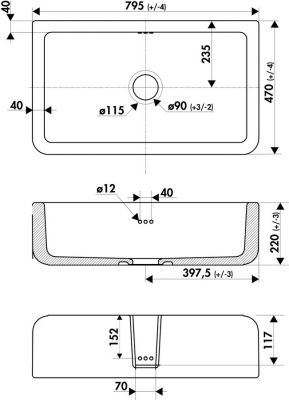 Plan  Evier Luisina Henri-ii Céramique Luisiceram Blanc brillant Blanc 470x795 E2800 006