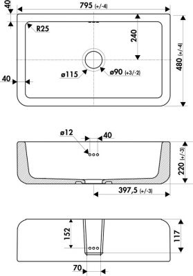 Plan  Evier Luisina Louis-ii Céramique Luisiceram Blanc brillant Blanc 480x795 E3800 006