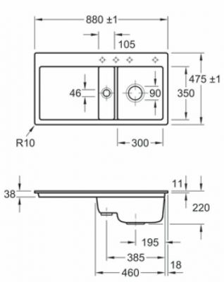 Plan  Evier Luisina Subway-flat Céramique Luisiceram Ivory Beige 475x880 EV6713 2F FU