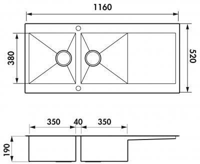 Plan Evier en inox Luisina Adagio Plus EV5621E IL finition luisinox couleur inox lisse 1160x520 avec 2 cuves vidage manuel égouttoir réversible