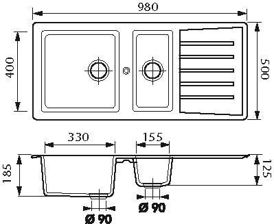 Plan Evier en synthese Luisina Polka EV277VE 006 finition naturalite couleur blanc 980x500 avec 1.5 cuves vidage automatique égouttoir réversible