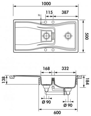 Plan Evier en granit Luisina Cascade EV1511 119 finition luisidiam couleur magma 1000x500 avec 1.5 cuves vidage manuel égouttoir réversible