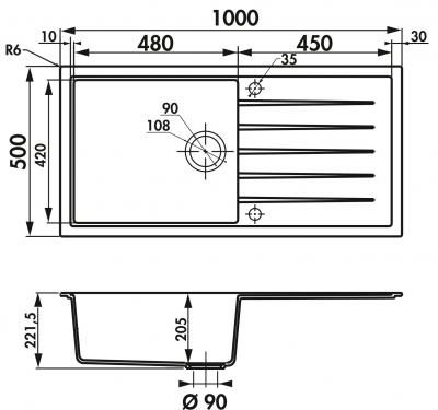 Plan Evier en granit Luisina Samba EV40011VM 118 finition luisigranit couleur nera 1000x500 avec 1 cuve vidage automatique égouttoir réversible