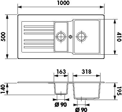 Plan Evier en synthese Luisina Farandole EV587 105 finition naturalite couleur platinium 1000x500 avec 1.5 cuves vidage automatique égouttoir réversible
