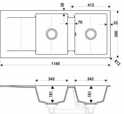 Plan Evier en granit Luisina Epure EV2821 022 finition luisigranit couleur croma 1160x500 avec 2 cuves vidage manuel égouttoir réversible