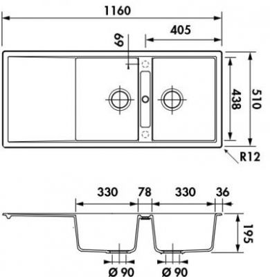 Plan Evier en granit Luisina Forte EV1921 068 finition luisidiam couleur stone 1160x510 avec 2 cuves vidage automatique égouttoir réversible