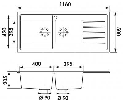 Plan Evier en granit Luisina Samba EV421VM 118 finition luisigranit couleur nera 1160x500 avec 2 cuves vidage automatique égouttoir réversible