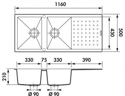 Plan Evier en granit Luisina Fusionstyl EV8621 219 finition luisigranit couleur full black 1160x500 avec 2 cuves vidage manuel égouttoir réversible