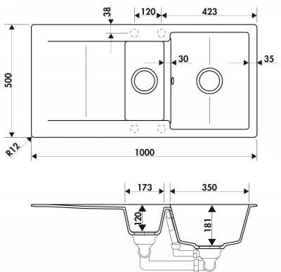 Plan Evier en granit Luisina Epure EV2811 022 finition luisigranit couleur croma 1000x500 avec 1.5 cuves vidage manuel égouttoir réversible