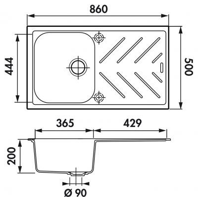 Plan Evier en granit Luisina Arpège EV3501 022 finition luisigranit couleur croma 860x500 avec 1 cuve vidage automatique égouttoir réversible