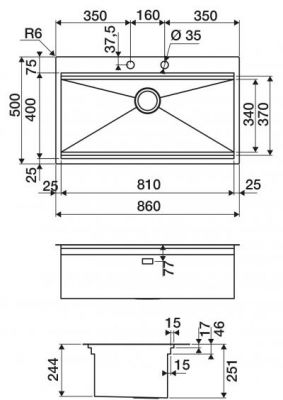 Plan Evier en inox Luisina Lab EV36 IL finition luisinox couleur inox lisse 860x500 avec 1 cuve vidage manuel